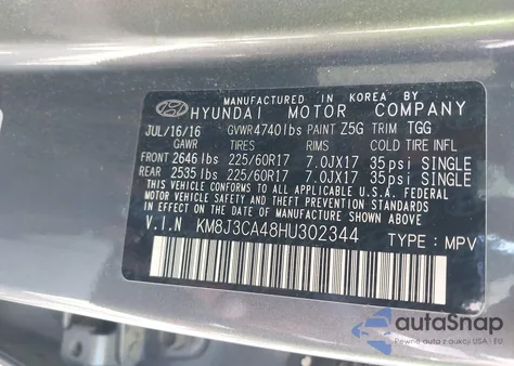 2017 Hyundai Tucson Se from USA, damaged, VIN KM8J3CA48HU302344